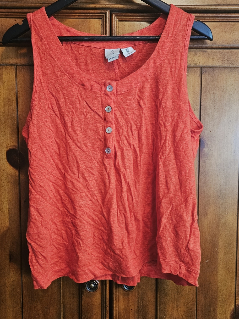 100% Linen Sleeveless Henley Tank Top Red Coral Size XL